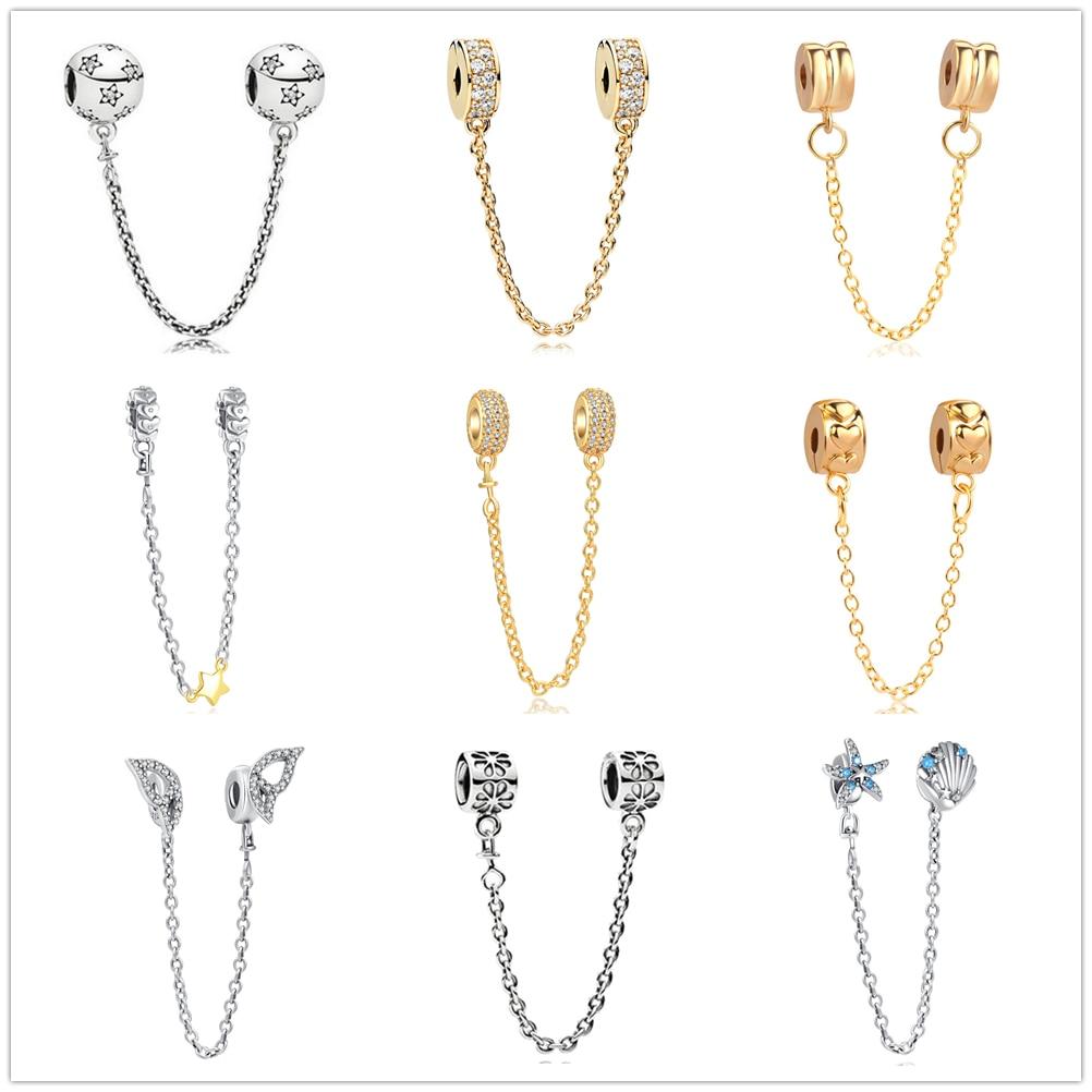 Silver 925 Zirconia Butterfly Flower Crown Safety Chain Charm Bead Fit Bracelet Pendant DIY Jewelry For Women