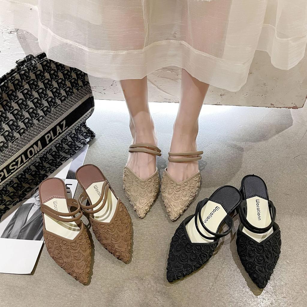 Летние женские остроносые классные тапочки, корейская версия модных моделей на низком каблуке, с юбкой в стиле феи, сумка на голову