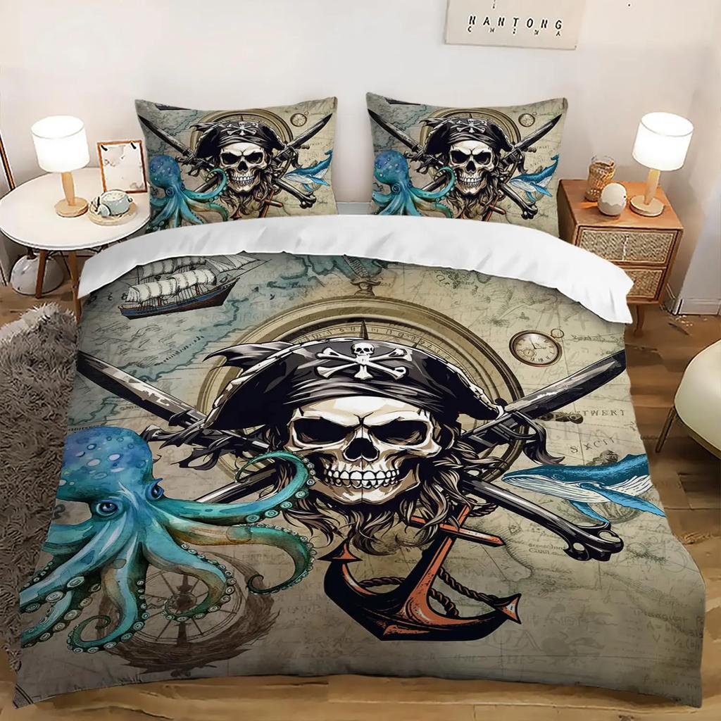 Комплекты пододеяльников с пиратским черепом для мальчиков, детей, мужчин, подростков, размера «queen», легкие комплекты постельного белья, морской комплект постельного белья, декор для спальни, без одеяла