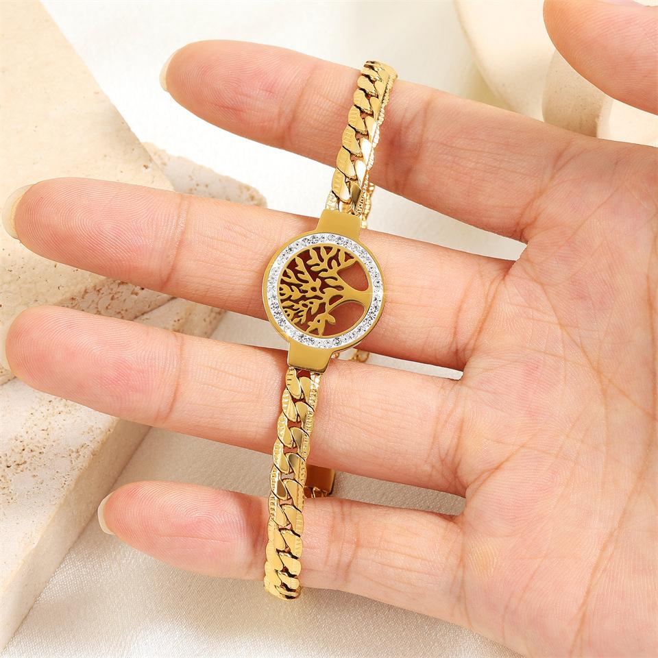 Clear Zircon Tree of Life Round Charm Bracelet For Women Fashion Stainless Steel Gold Color Wrist Chain Luxury Zircon Gift