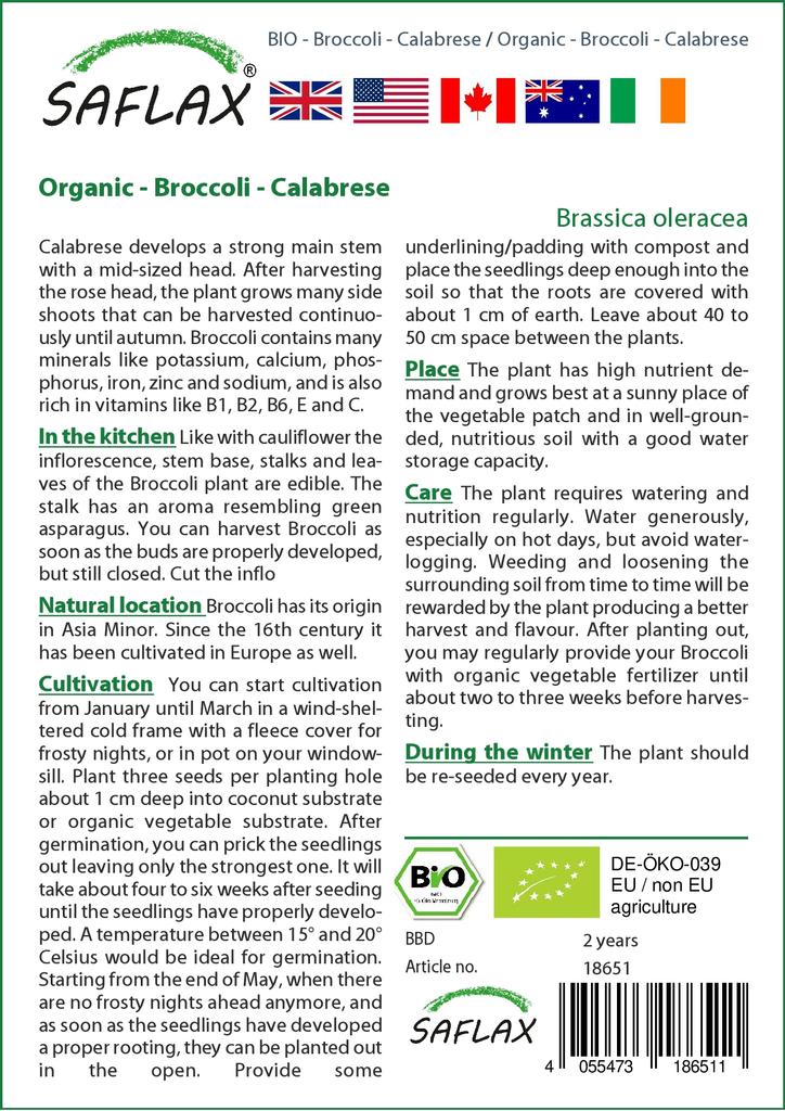 SAFLAX Garden in the Bag - Органический - Брокколи - Калабрезе - 100 семян - С субстратом в подходящем пакете-стойке - Brassica oleracea