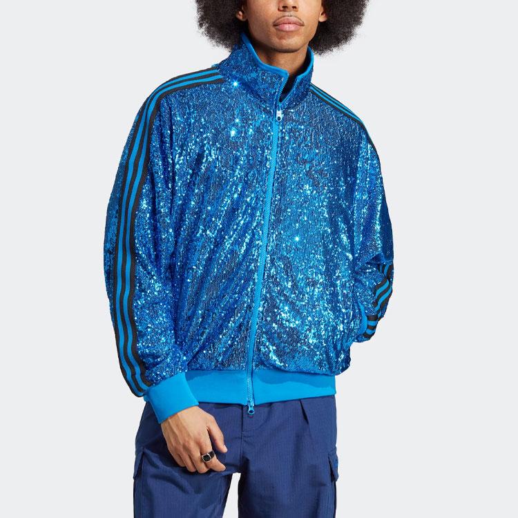 Adidas Originals Trefoil Blue Version Series Logo Stripe Sequin Zip-Up Jacket Men Outerwear Bird-Feather-Blue IA2463