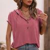 Лето 2025 г., свободная футболка с коротким рукавом и капюшоном, женская, элегантная, с пуговицами и V-образным вырезом, облегающая, повседневная, женская, модная, однотонная, простая, со шнурком, женская футболка 26480