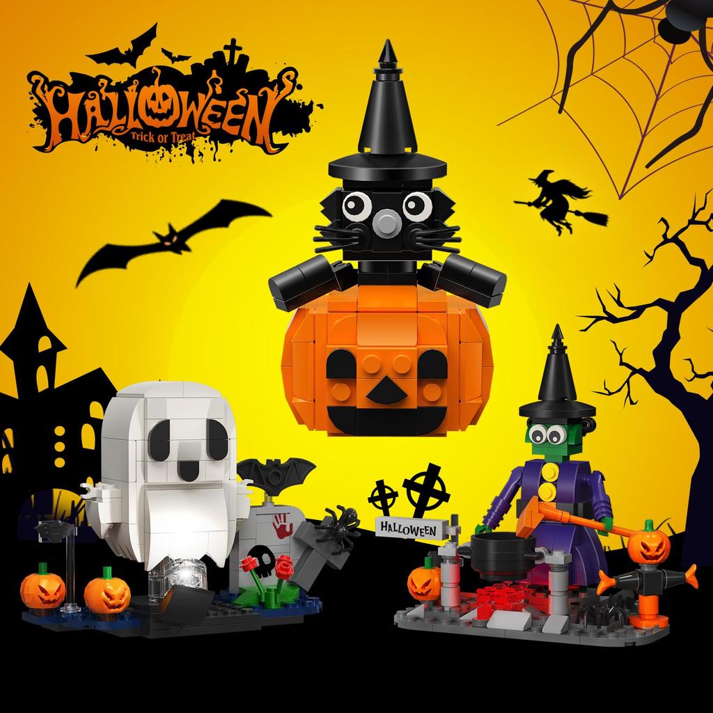 Halloween Building Set Blocks Toys Cat Pumpkin Ghost Witch Building Blocks Halloween Gifts for Girls Boys Children Kids Adults Interesting Educational
