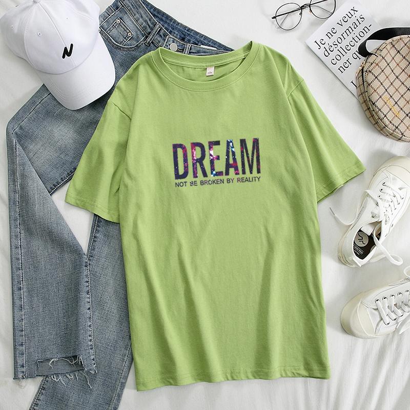 Новая летняя футболка Dream с буквенным принтом, однотонные женские хлопковые футболки большого размера, мягкий женский джемпер, топ