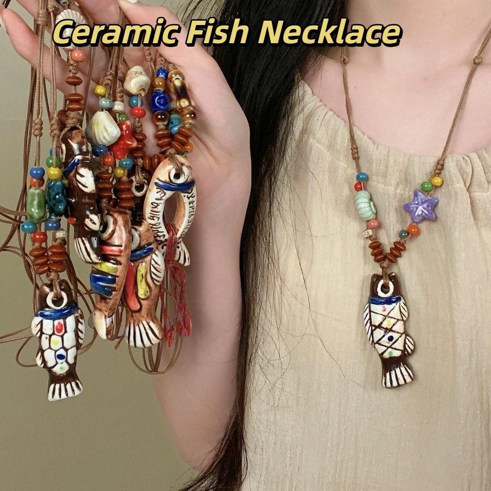 Wood Ethnic Style Necklace Vintage Long Sweater Chain Retro Ceramic Fish Necklace Party