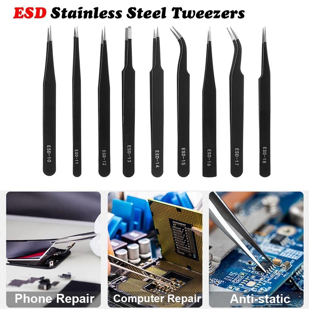 Industrial Repair Tools Anti-Static Stainless Steel Tweezers Curved Straight ESD Safe Eyebrow Clip