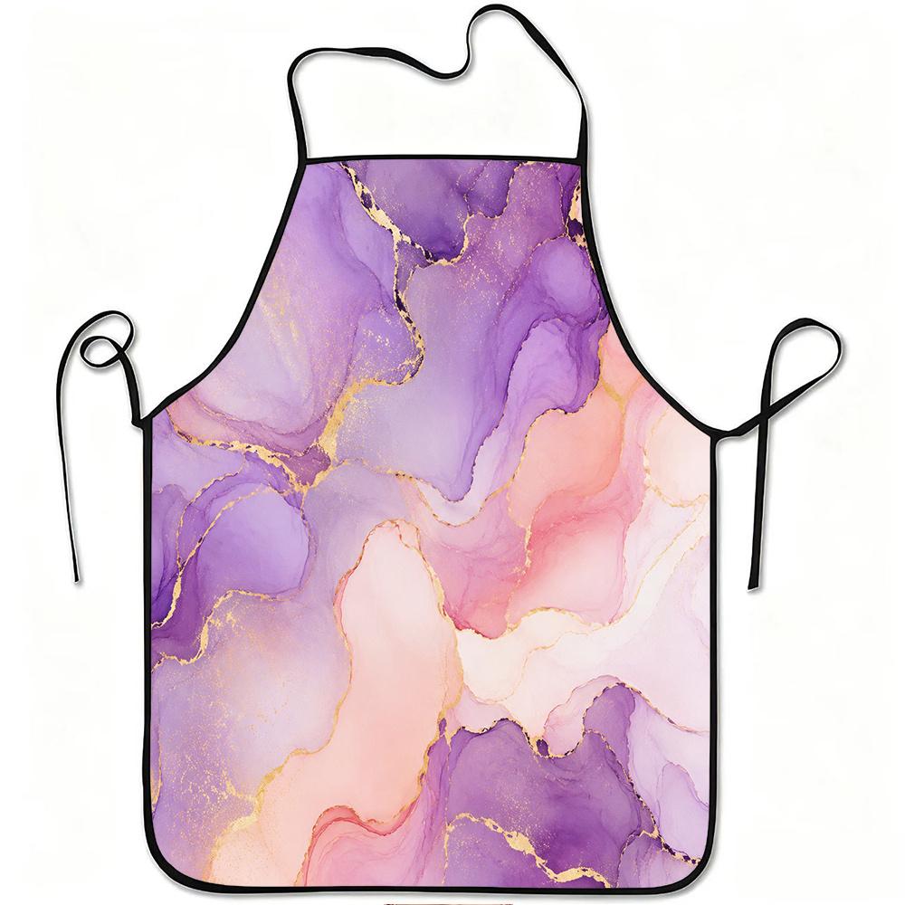 1pc Marble Print Apron with Adjustable Waistband - Purple Pink Golden Marble, Durable Easy-Clean Polyester Suitable for Kitchen Cooking, Gardening, Pi
