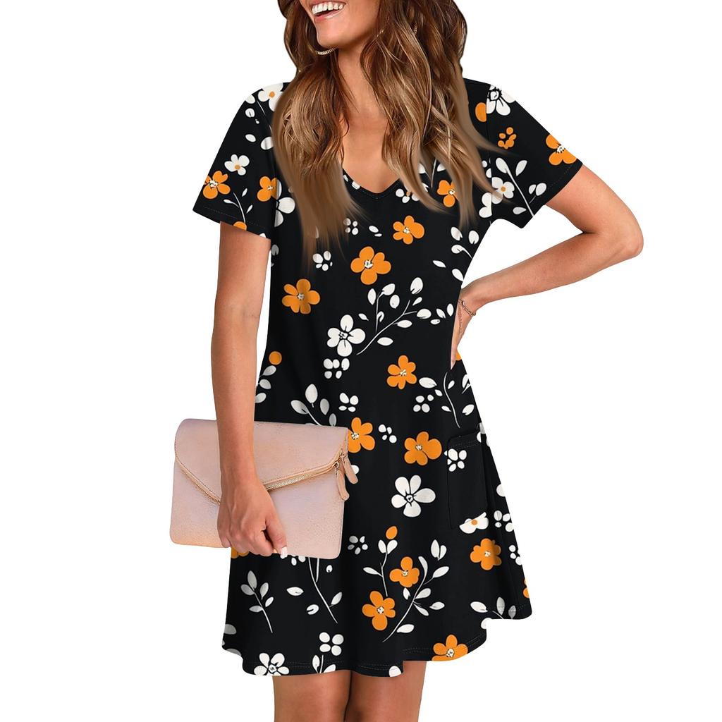 Женское летнее повседневное пляжное платье с V-образным вырезом и короткими рукавами с цветочным принтом