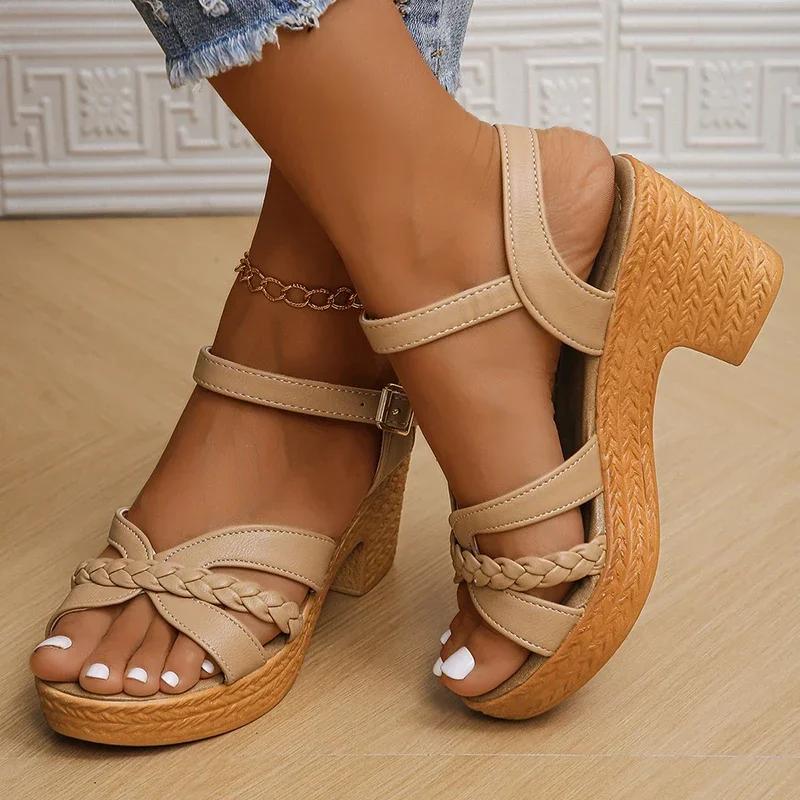 Fashion Summer High Heels Sandals Women 2025 Summer Ankle Buckle Platform Sandals Woman Pu Leather Square Heel Gladiator Sandalias Mujer