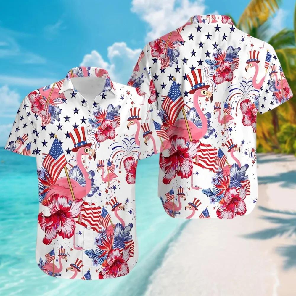 Hawaiian Shirts 3D Printed Flamingo Graphic Men Vintage Vacation Street Short Sleeve Shirt Men's Button Down Lapel Blouse