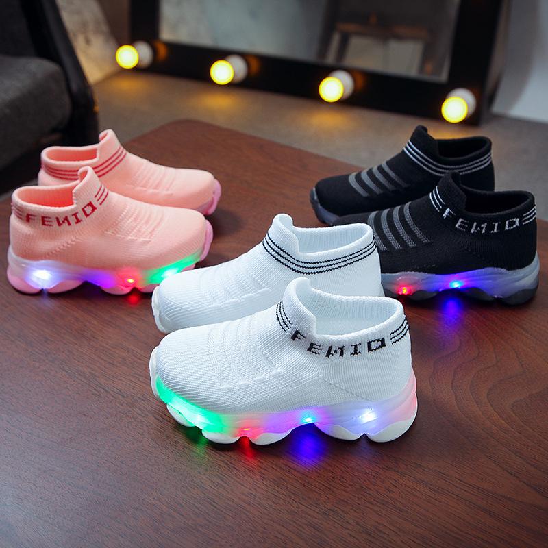Children Baby Girls Boys Letter Mesh Led Luminous Socks Sport Run Sneakers Casual Shoes