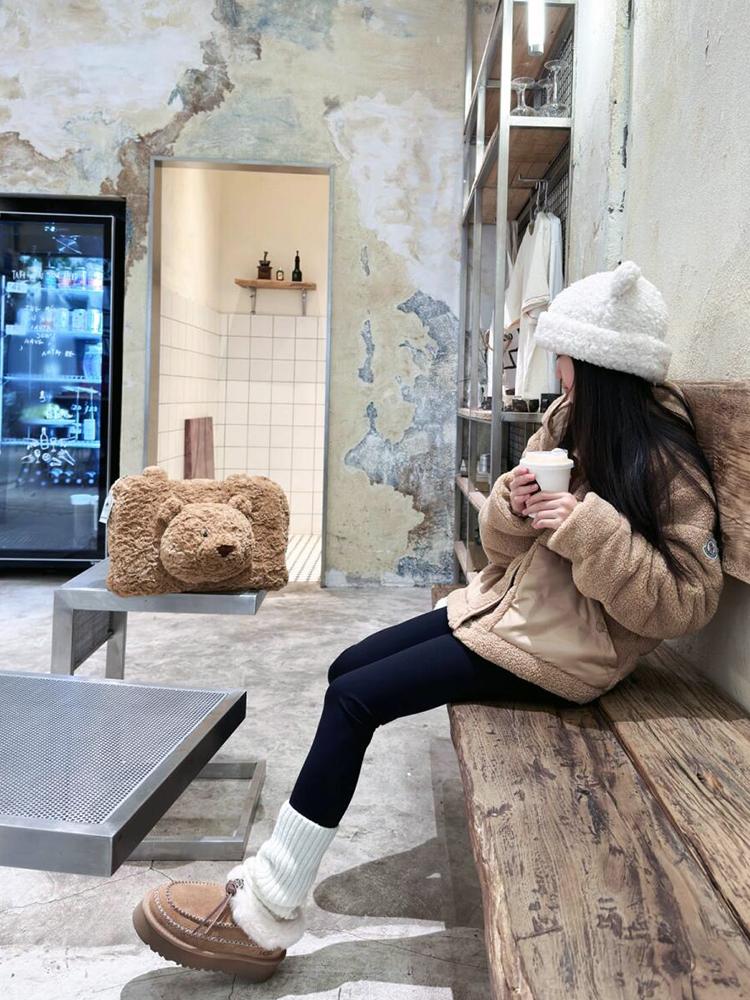 Autumn Winter Plush Bear Shoulder Bag Women Large Capacity Portable Laptop Tote Trendy Fashion Handbag