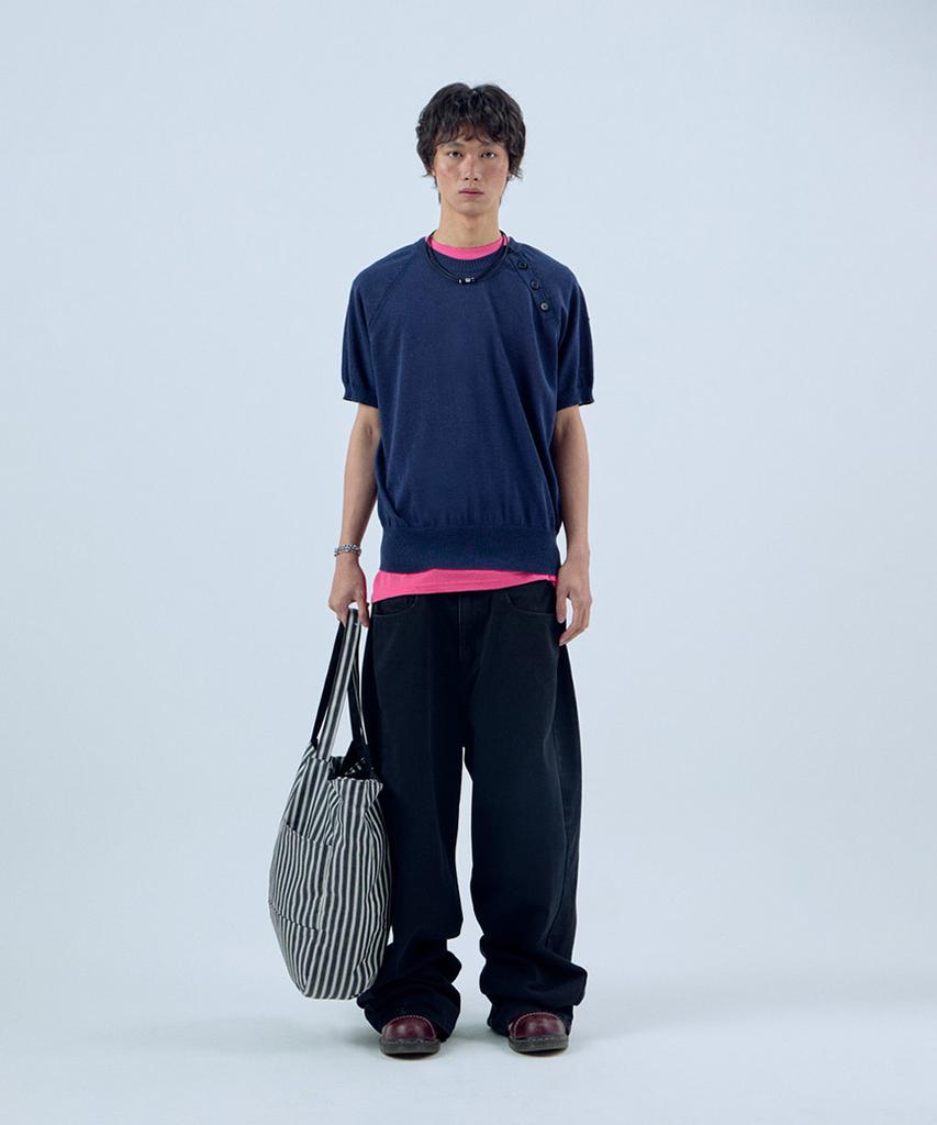 NOISE Shoulder Open Henley Short Sleeve Knit - Navy