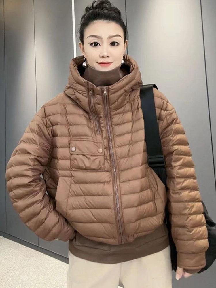 2024 осень-зима 90 утиный пуховик женский с капюшоном легкий и тонкий однотонный куртка из хлеба теплая куртка
