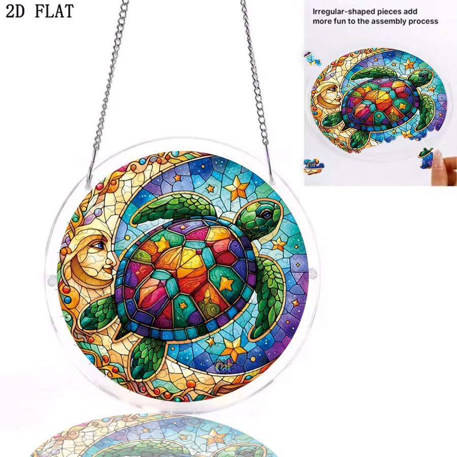 2D Flat, 1pc, 2D Flat Sea Turtle and Crescent Moon Themed Design, 2D Flat Acrylic Jigsaw Puzzle Suncatcher Window Hanging Decoration, Suitable as a Bi