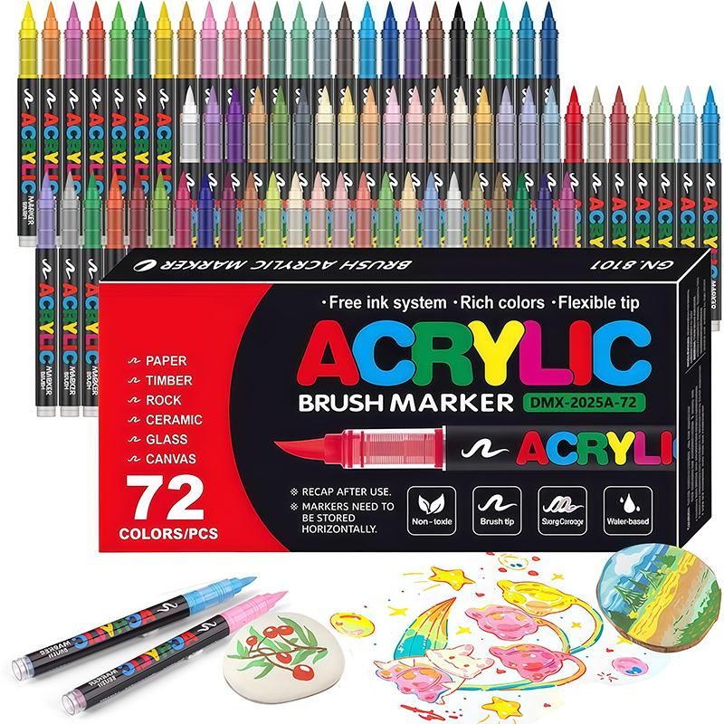 12-72 Colors Acrylic Paint Markers, Soft Brush Tip Large Ink Capacity Acrylicmarker Brush Pens, Professional-Grade Paint Pen
