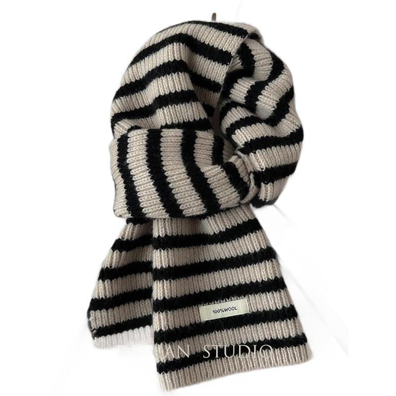 Зимний Теплый Полосатый Шарф из Чистой Шерсти Корейский Стиль Универсальный Вязаный Шарф