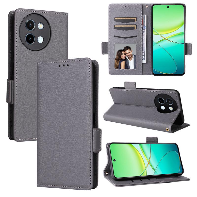 Совместимый кожаный чехол-книжка с слотом для карт и ремешком для VIVO Y38/Y58/Y200i 5G; Дизайн с текстурой личи.