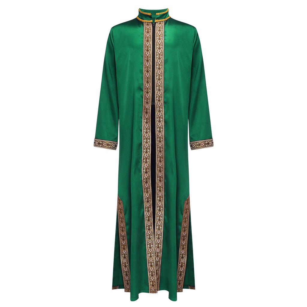 Boys Arab Gown Islamic Robe Long Sleeve Stand Collar Gold Embroidery Maxi Kaftan Festival Holiday Costume