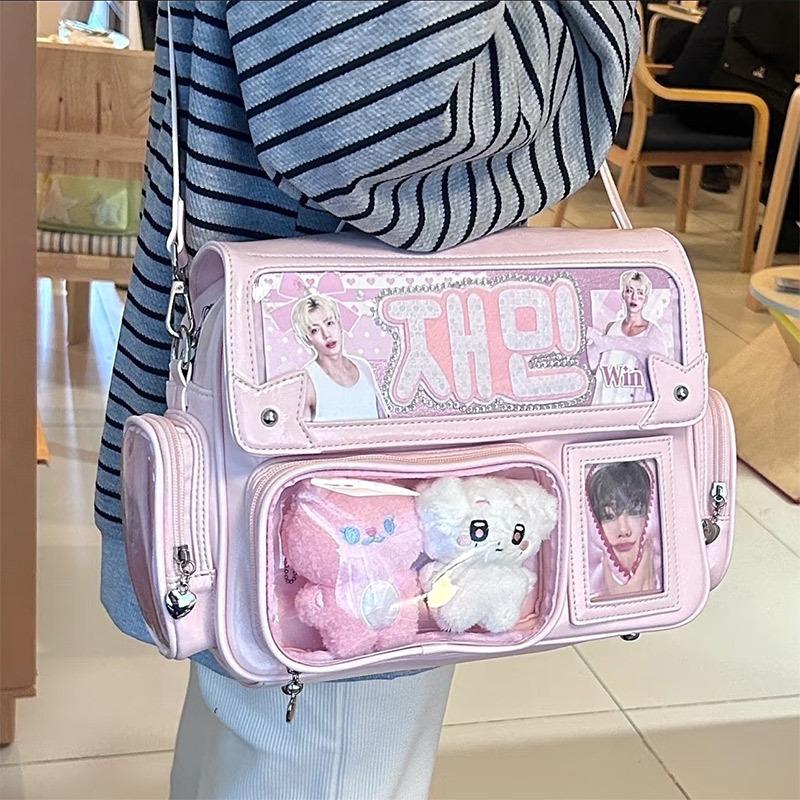 Cute Transparent Ita Bag Large Capacity Crossbody Lolita Style DIY Badge Display Casual Shoulder Bag