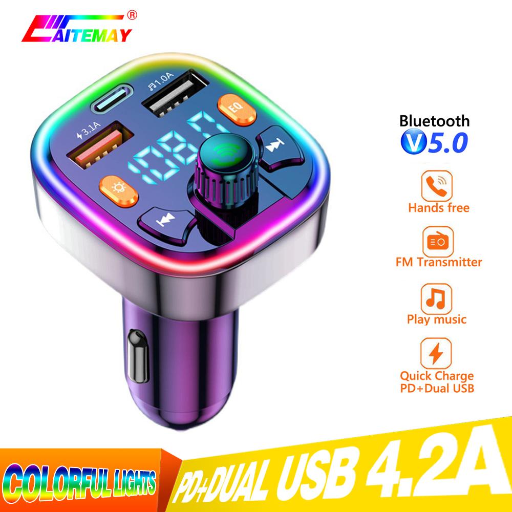 Автомобильный FM-передатчик с подсветкой, два порта USB PD Type C, быстрая зарядка в автомобиле, Bluetooth 5.0, внешний микрофон с функцией громкой связи, автомобильный FM-модулятор