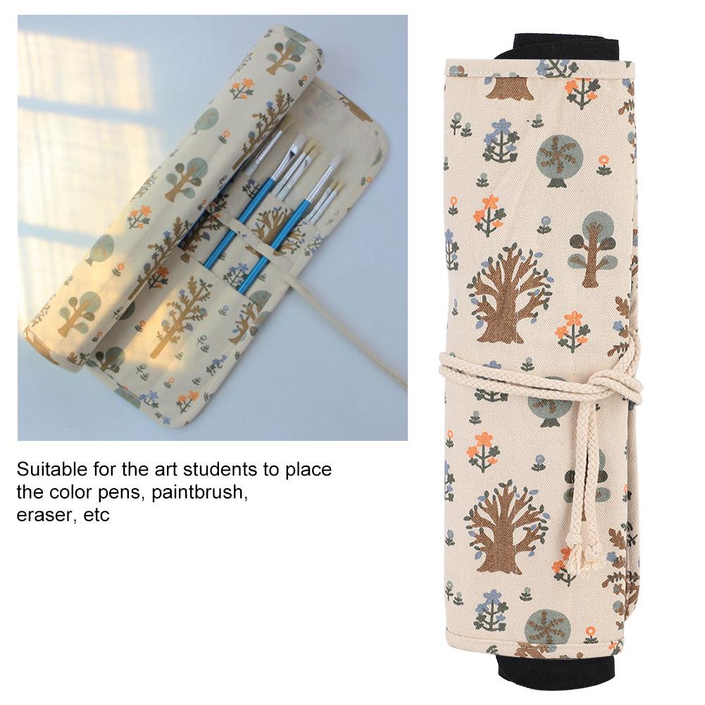 Floral Print Canvas Roll Up Pencil Bag Wrap Curtain Pen Case Large Capacity Storage Pouch
