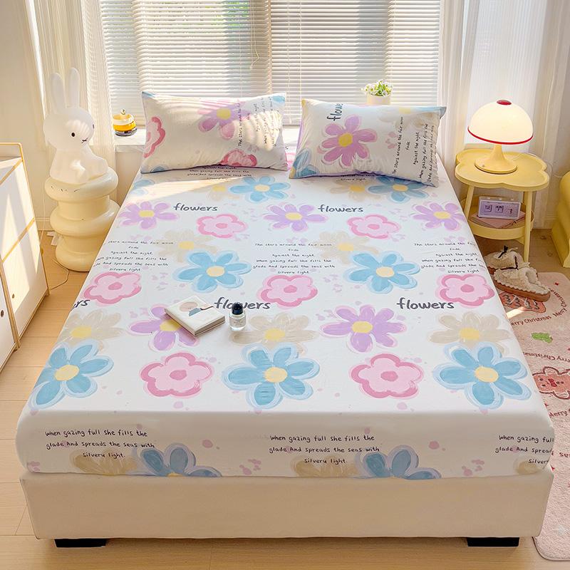 White Flower Print 100% Cotton Fitted Sheet Set Deep Pocket Elastic Mattress Cover with Pillowcases Soft Breathable Bedding Set