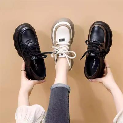 2024 новые осенние взрывные усиленные одинарные туфли универсальные на шнуровке с круглым носком высокие темпераментные британские туфли маленькие кожаные женские