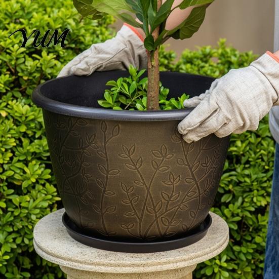 Indoor Decorative Plant Containers 12 Inch Thickened Flower Pots for Outdoor Indoor, Plastic Leaf-Pattern Texture Large Basin with Saucer Planter