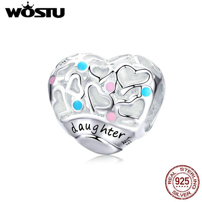 WOSTU 925 Sterling Silver Daughter's Love Beads Multi-Color Heart Charm Fit Original Bracelet
