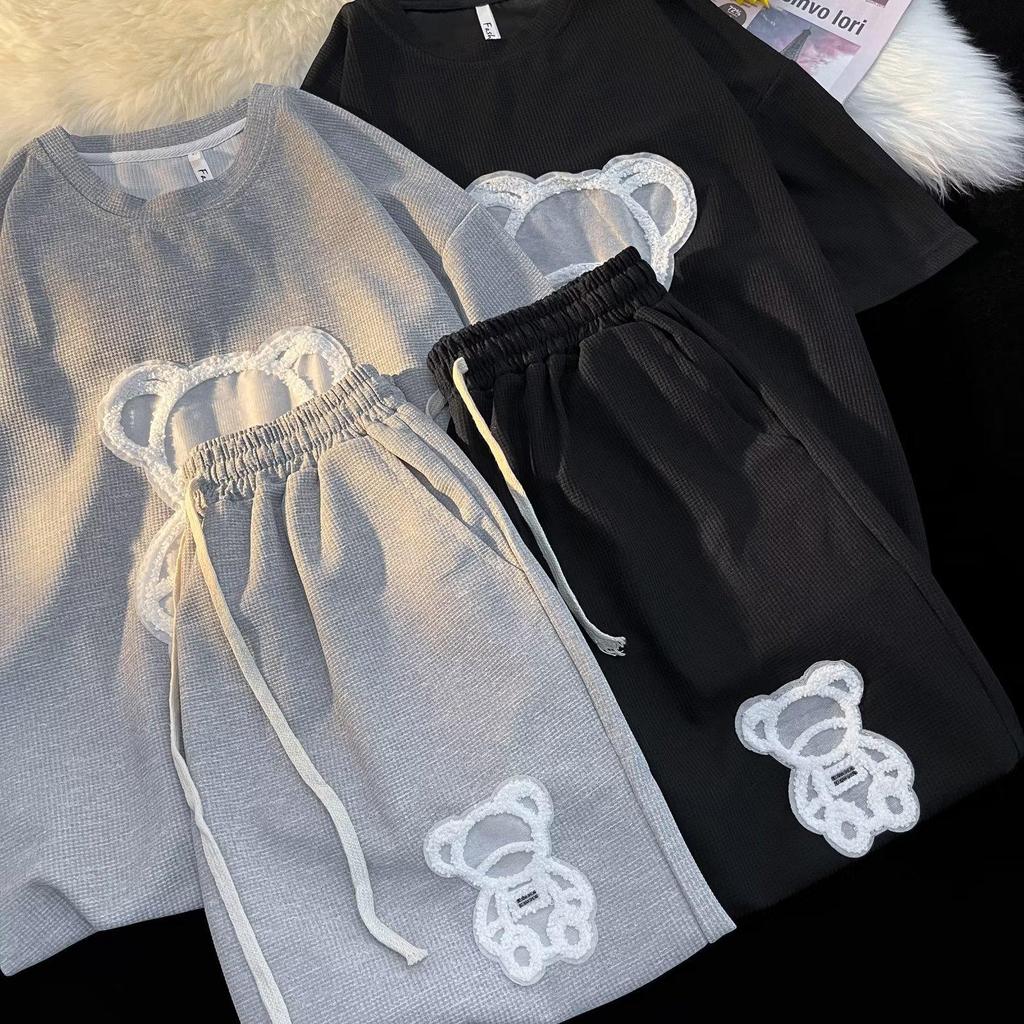 Мужской летний комплект из шорт с короткими рукавами и принтом медведя