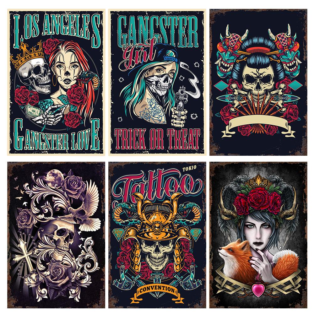 Студия винтажной татуировки, металлическая жестяная вывеска, красивая девушка, металлическая табличка, татуировка красивая девушка, ретро-декор стен, декор комнаты, WY36