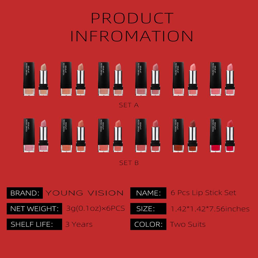 Шесть матовых помад, прочная, антипригарная, невыцветающая, водостойкая, бархатный набор цветов для губ с высоким содержанием пигментов, косметическая косметика
