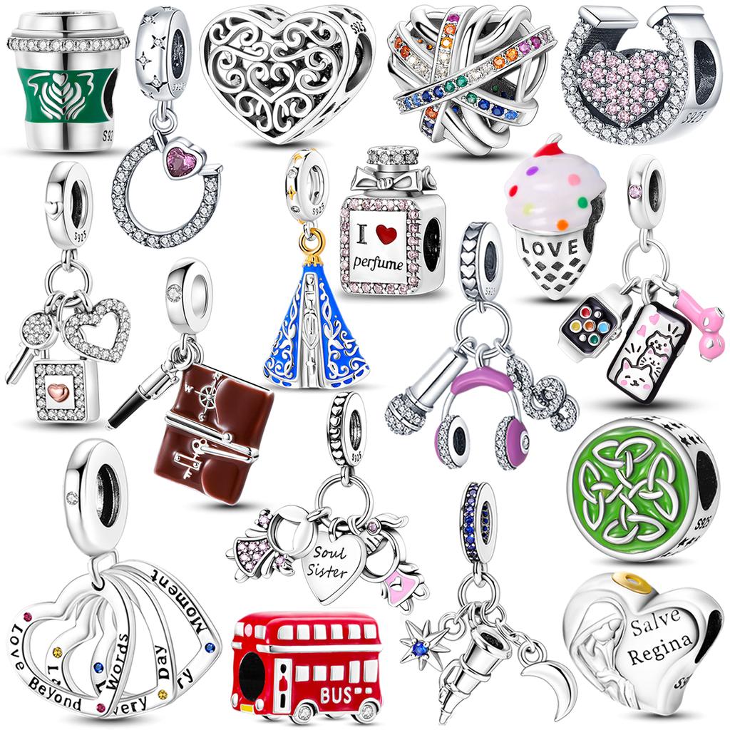 925 Silver Color Zirconium Heart Shape Charms Beads Feather Perfume Bottle Music Dangle Fit Bracelet Necklace Jewelry