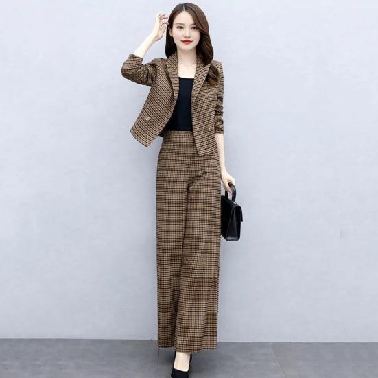 2 Pcs/Set Women Coat Pants Set Lapel Buttons Cardigan Plaid Print Long Sleeve Jacket Wide Leg High Waist Straight Trousers Lady Formal Commute Outfit