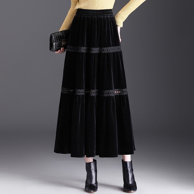 Осенне-зимняя женская бархатная юбка больших размеров, юбка-торт с высокой талией, длинная А-силуэта, кружевная юбка