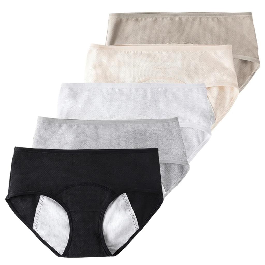 5 Pack Women's Cotton Leakproof Period Panties Middle Waist Comfortable Underwear Army Green Beige Black Dark Grey Light Grey