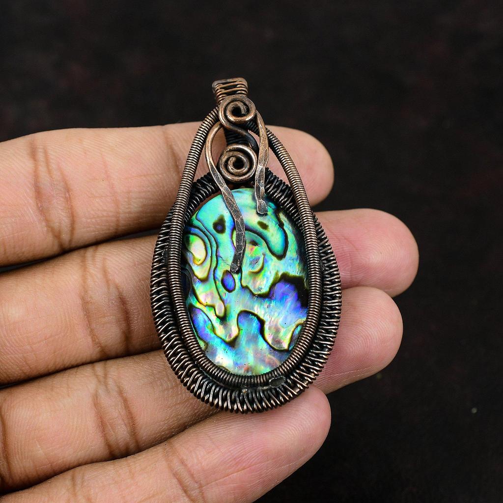 Подвеска из ракушки абалона, обернутая медной проволокой, дизайнерская бижутерия с драгоценными камнями, подвеска ручной работы, подарок для матери, украшения из ракушки абалона для подарка