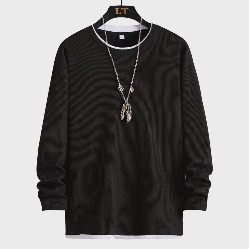 Мужской осенний свободный свитер с круглым вырезом и длинным рукавом - 2024 г. Трендовая футболка с расщепленными краями