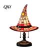 Fantasy Glass Lampshade Stained Style Witch Hat Lamp, USB Powered Resin Wizard Night Light Dorm Room Desk Lamp with Sun Star, Gothic Halloween