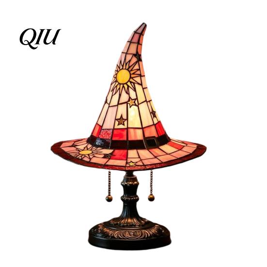 Fantasy Glass Lampshade Stained Style Witch Hat Lamp, USB Powered Resin Wizard Night Light Dorm Room Desk Lamp with Sun Star, Gothic Halloween
