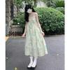 Sweet & Cute Green Spaghetti Strap Dress with Summer Sun Protection Top - Two-Piece Set for Female Students