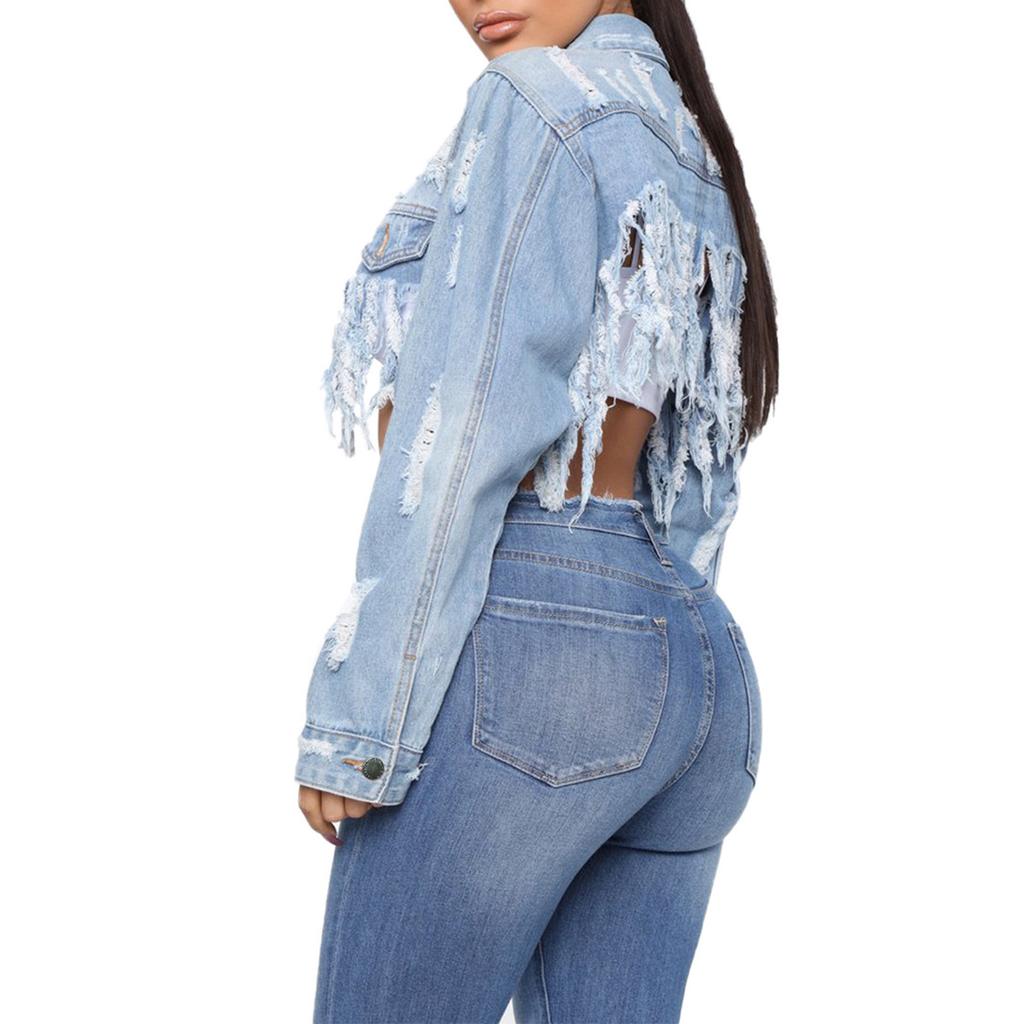 Women's Cropped Jacket With Holes On The Back And Cutout Denim Jacket