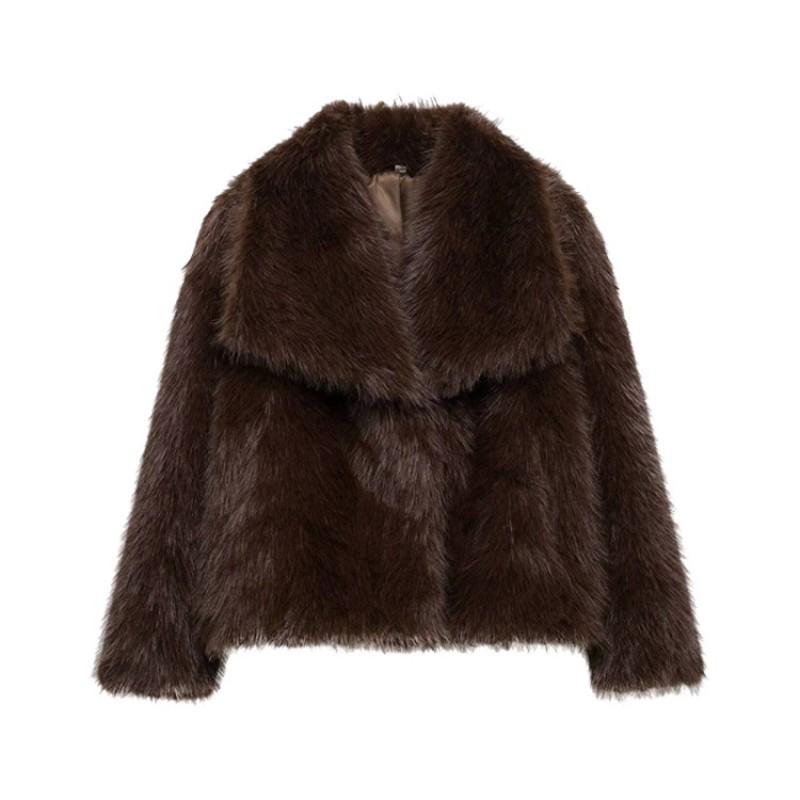 Womens Winter Faux Fur Coat With Lapel Collar Street Style Outerwear Black Beige Gray Brown Wine Red