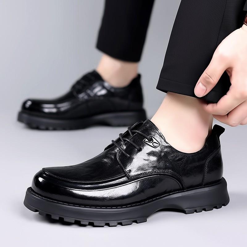 Mens Genuine Leather Loafer Shoes With Thick Sole Elevating Comfort Round Toe Casual Business Footwear