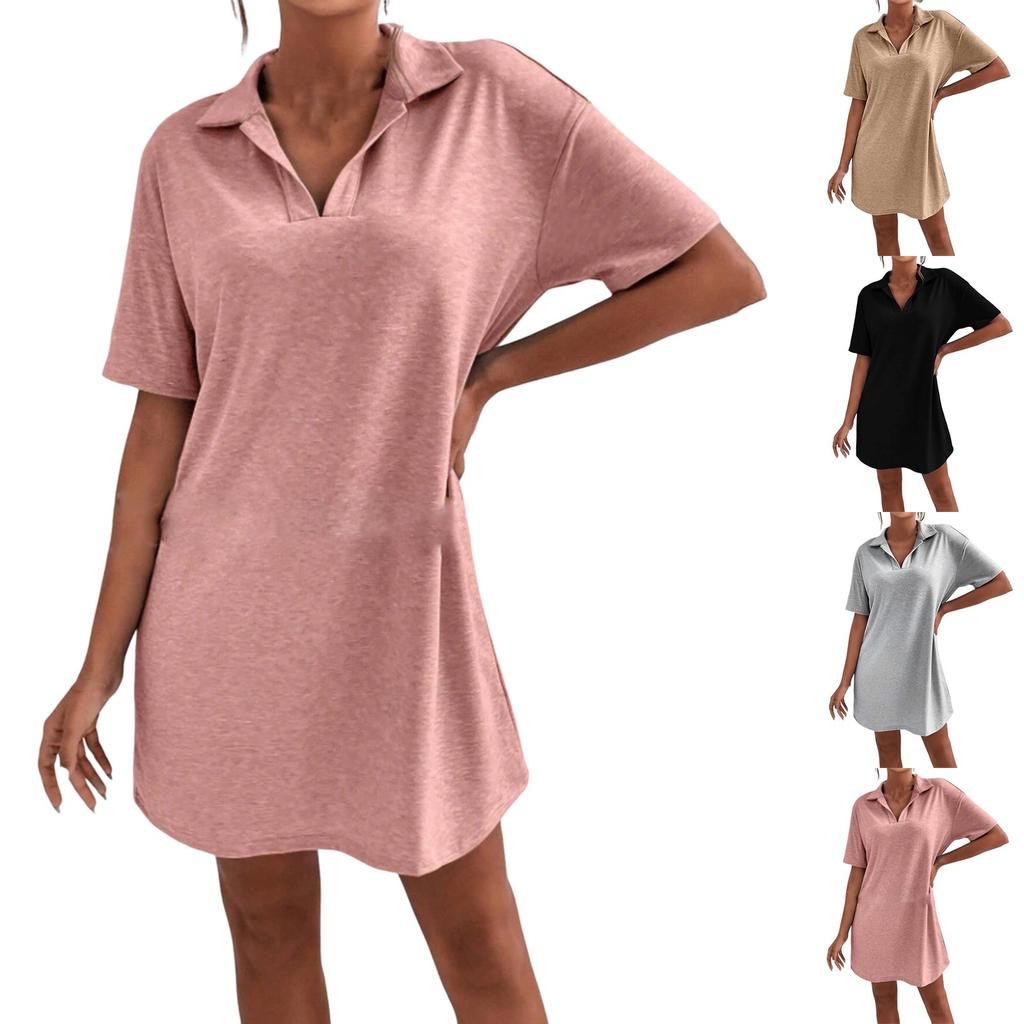 Женское модное летнее повседневное однотонное свободное платье с V-образным вырезом и лацканами