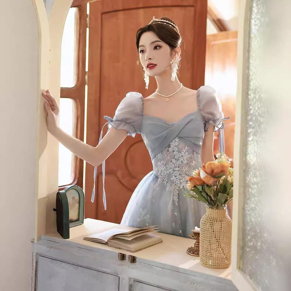 Blue evening dress dress banquet French light luxury niche temperament style princess vocal art test performer