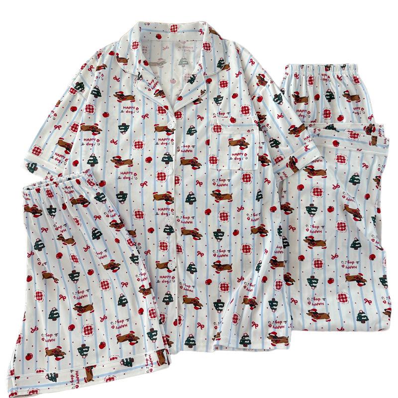 Мультяшный Дачхунд в горошек и полоску Женский пижамный комплект - С коротким рукавом, в корейском стиле, Домашняя одежда из трех предметов.