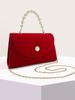 Bride's Essential Red Flannel Pearl Handbag - Retro Square Design, Fashionable Light Luxury Wedding Bag with Pearl Chain Handle